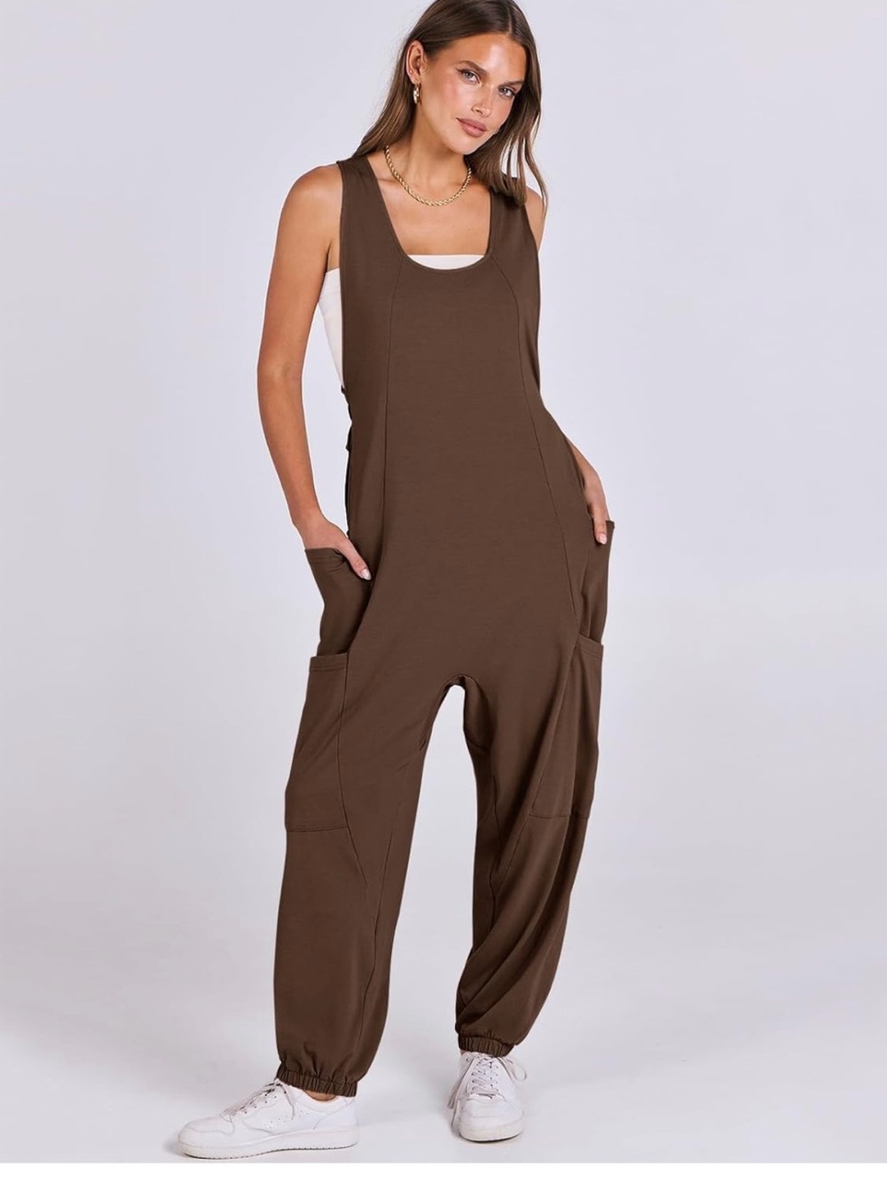 Brown Scoop-Neck Jumpsuit/ romper,pockets, side ties, baggy knit. xxl NWT